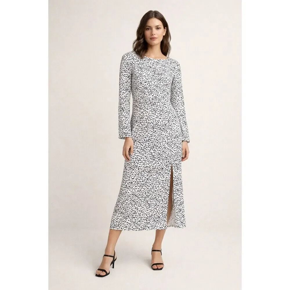 Glamorous Midi Dress M Black White Speckled Long Sleeve Slit